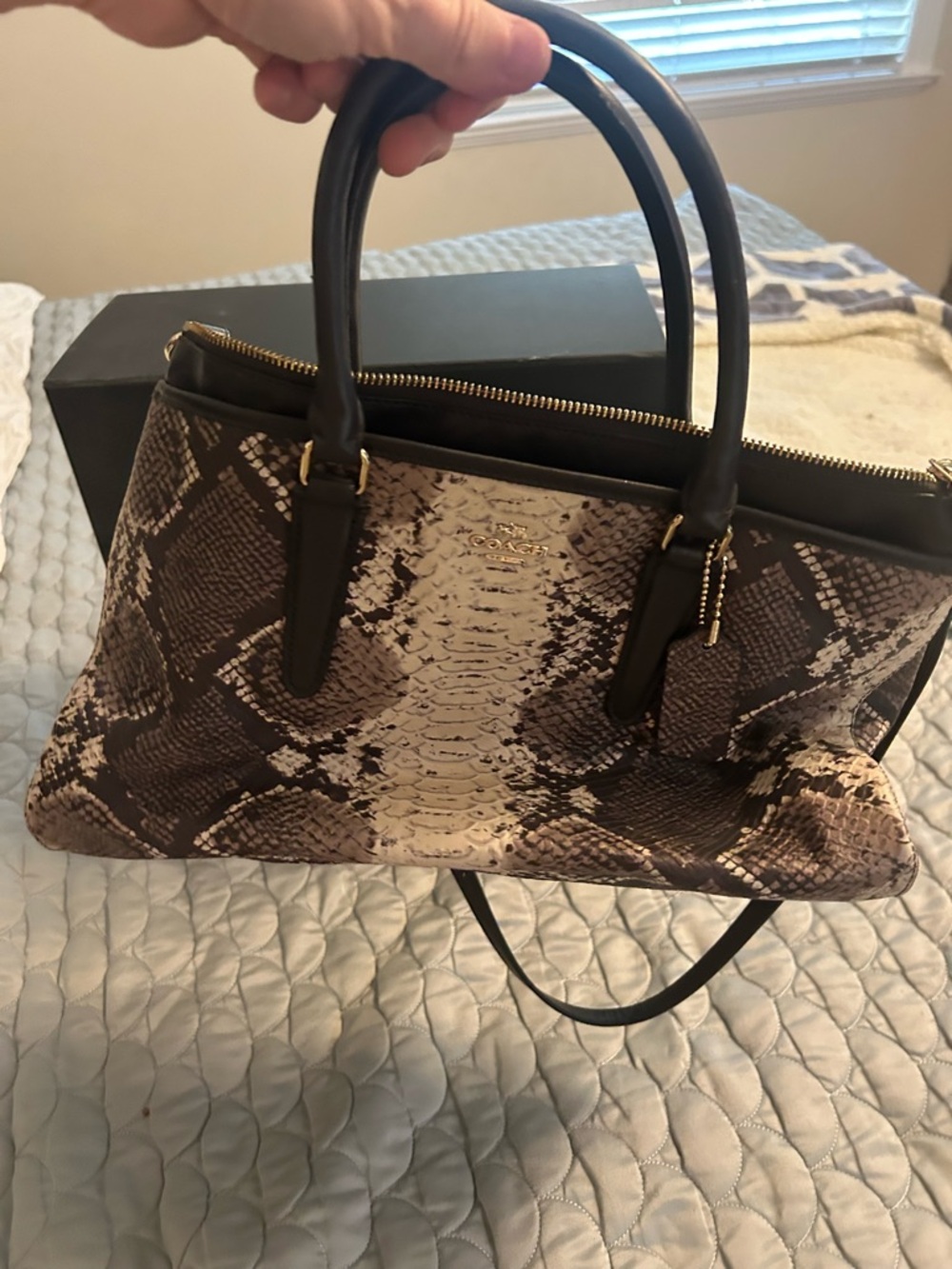 Coach Brown and Cream Snake-Print Satchel